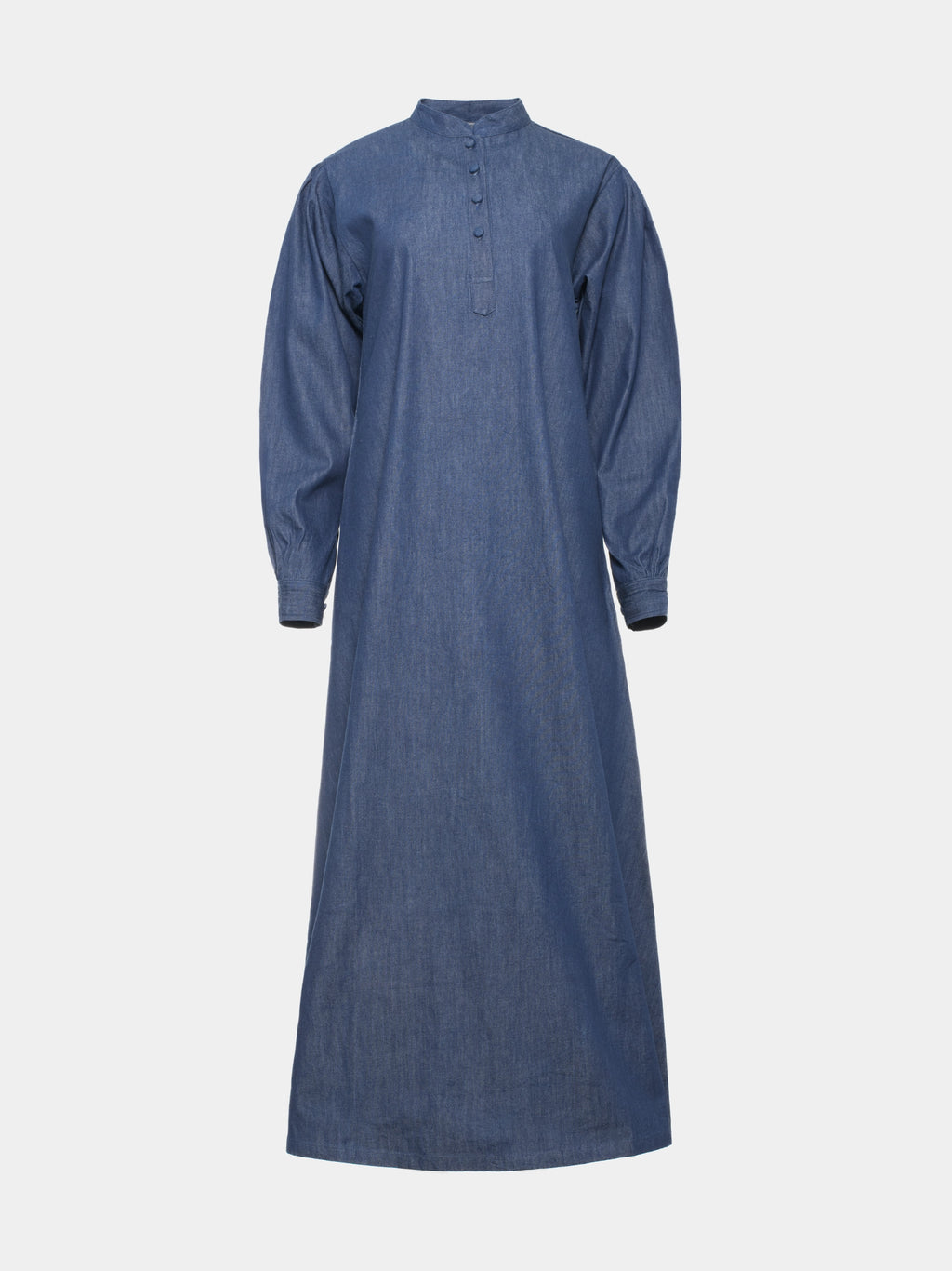 Blue denim abaya with stand collar, covered front buttons and gathered long sleeves