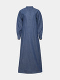 Blue denim abaya with stand collar, covered front buttons and gathered long sleeves