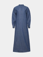 Blue denim abaya with stand collar, covered front buttons and gathered long sleeves