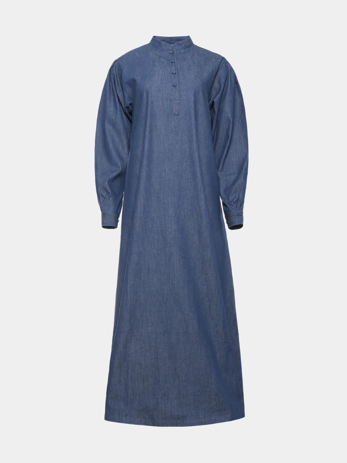 Blue denim abaya with stand collar, covered front buttons and gathered long sleeves