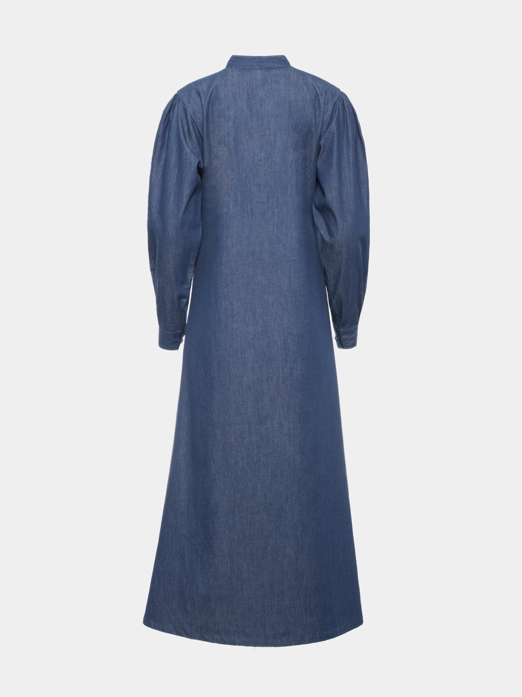 Back view of blue denim abaya showing its long, gently flared silhouette