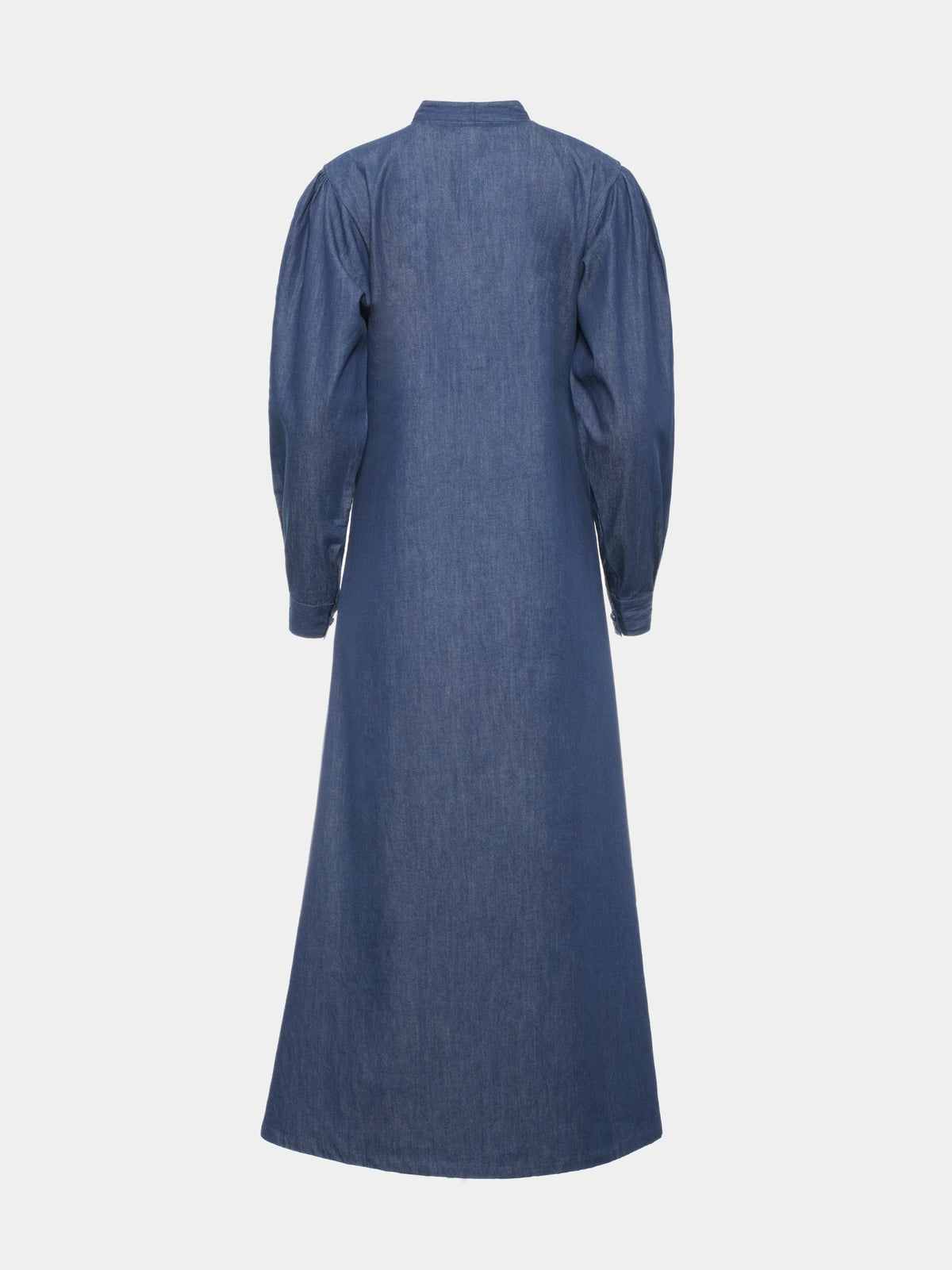 Back view of blue denim abaya showing its long, gently flared silhouette