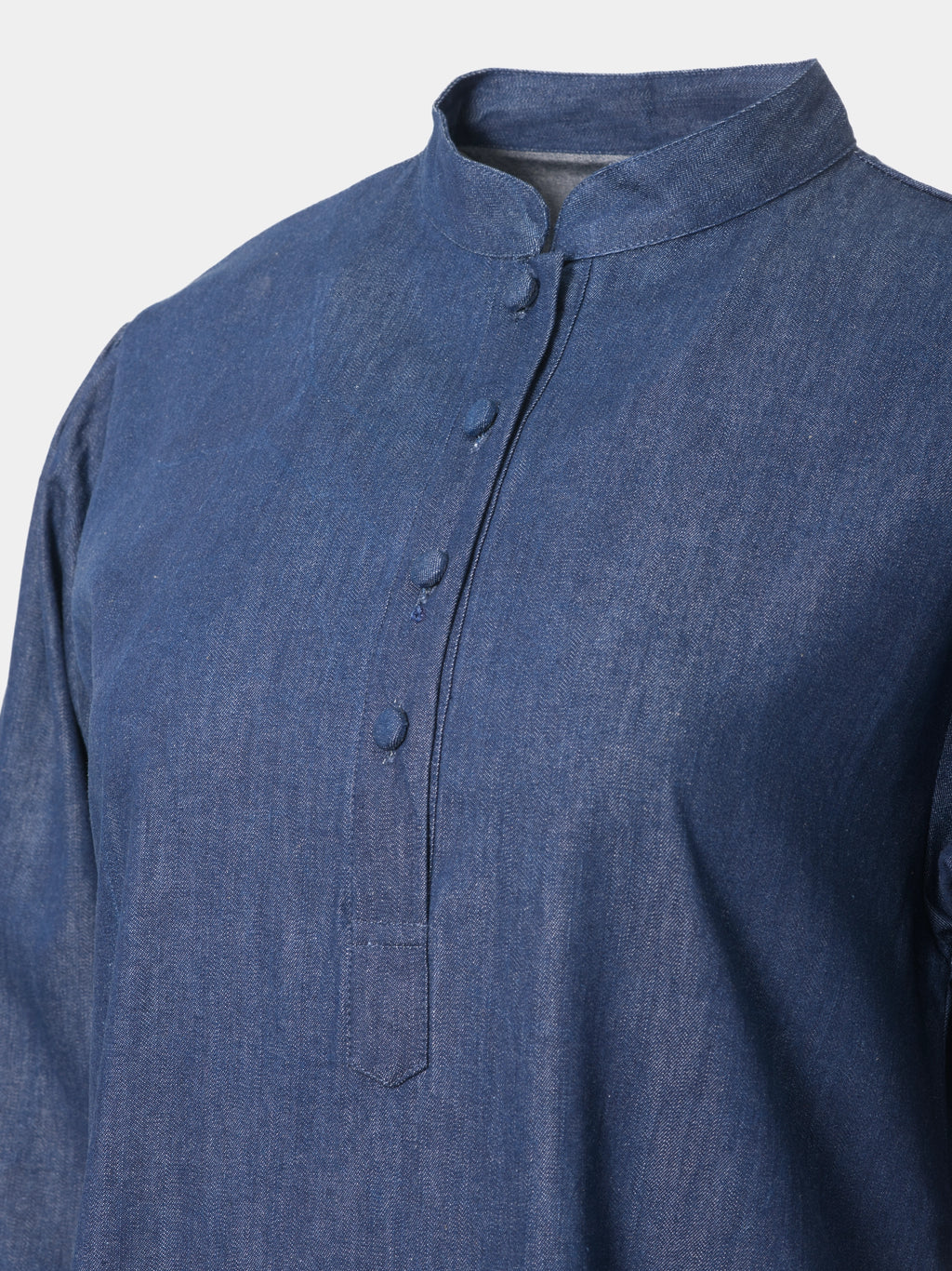 Stand collar and four fabric-covered buttons on blue denim abaya