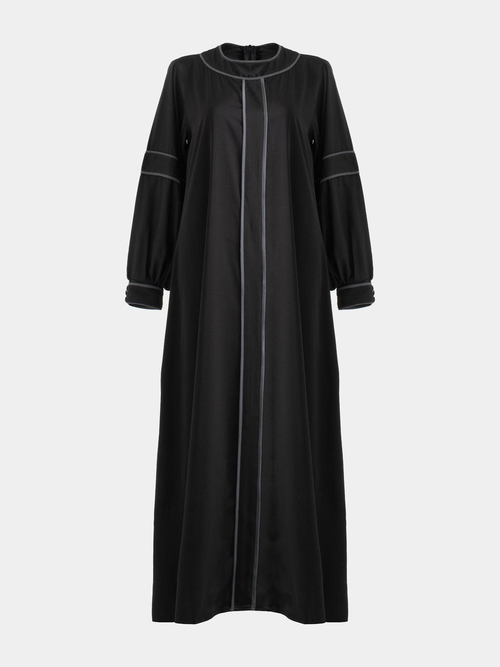 front view of Black Abaya with grey trim on a white background