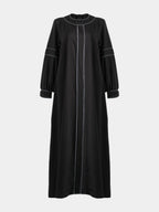 front view of Black Abaya with grey trim on a white background