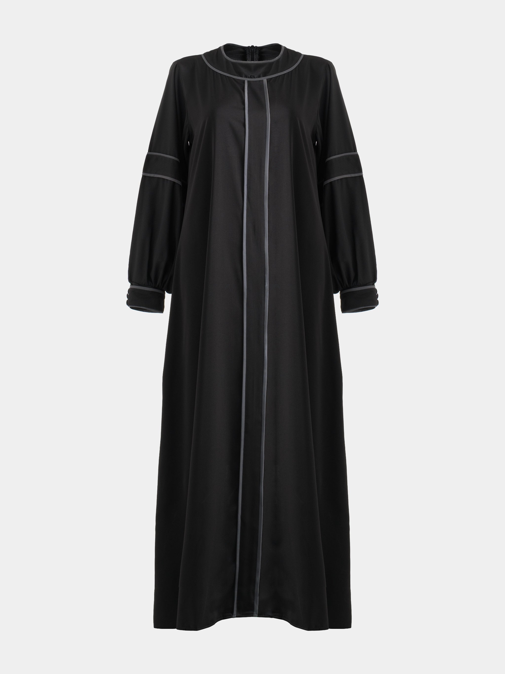 front view of Black Abaya with grey trim on a white background