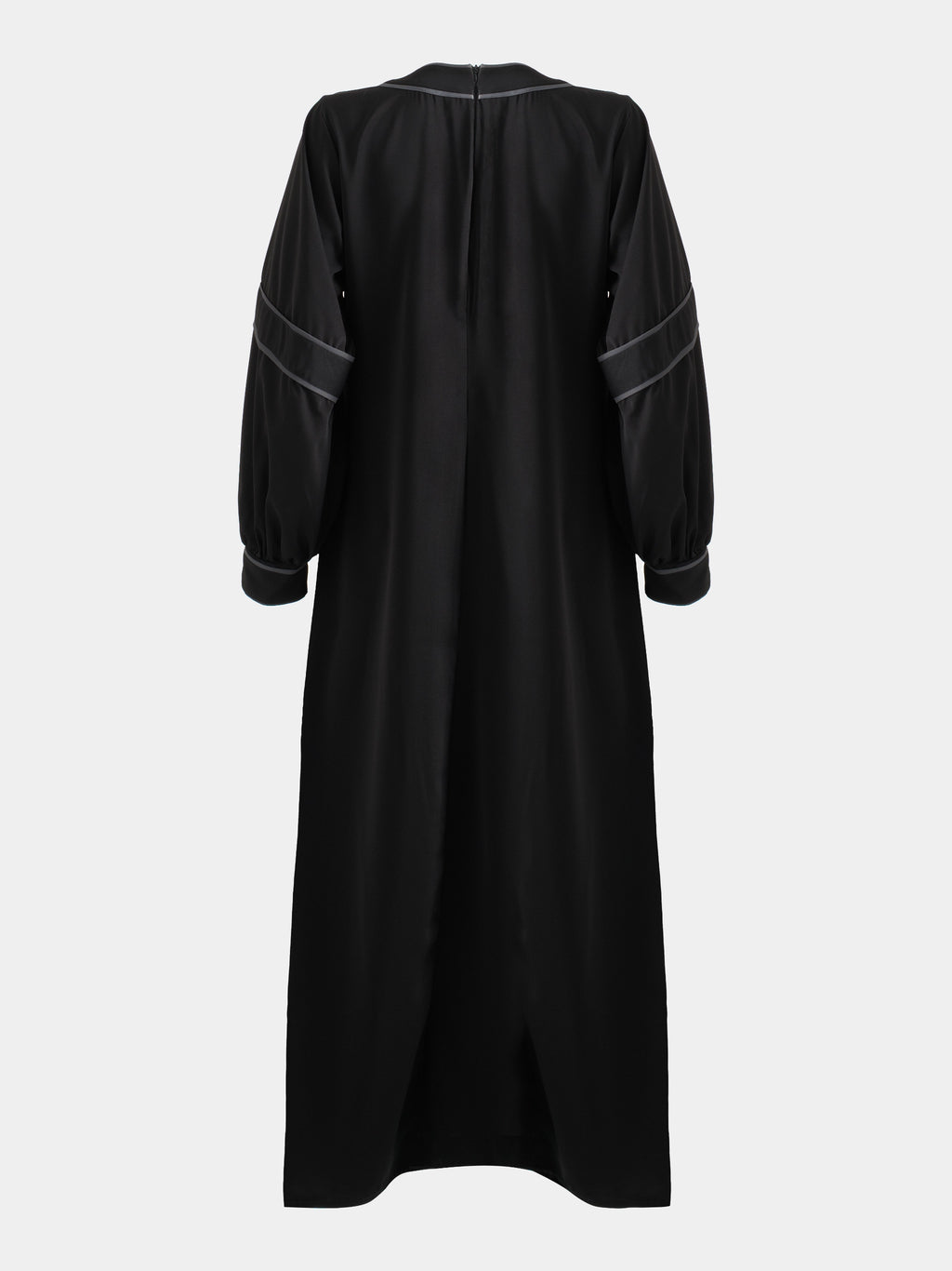 Back view of Black Abaya with grey trim on a white background