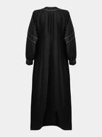 Back view of Black Abaya with grey trim on a white background