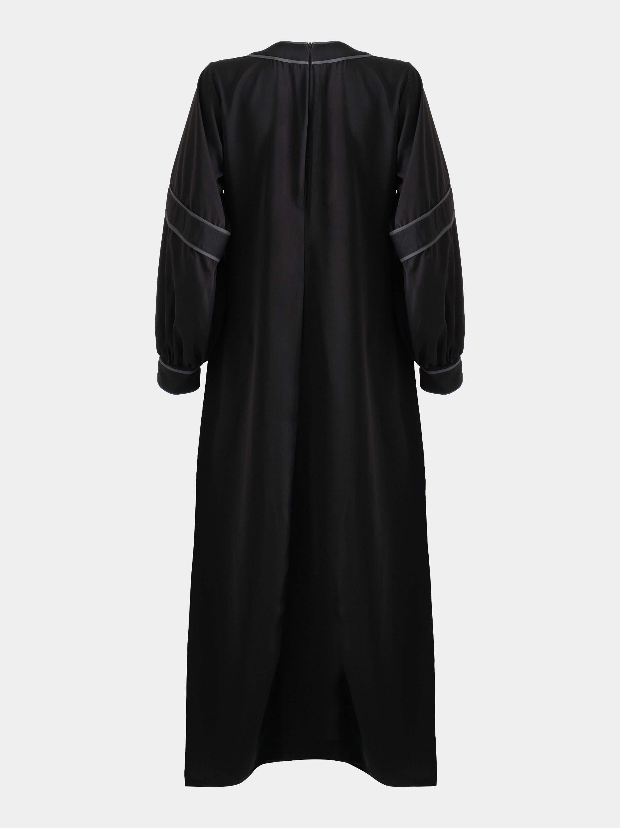 Back view of Black Abaya with grey trim on a white background