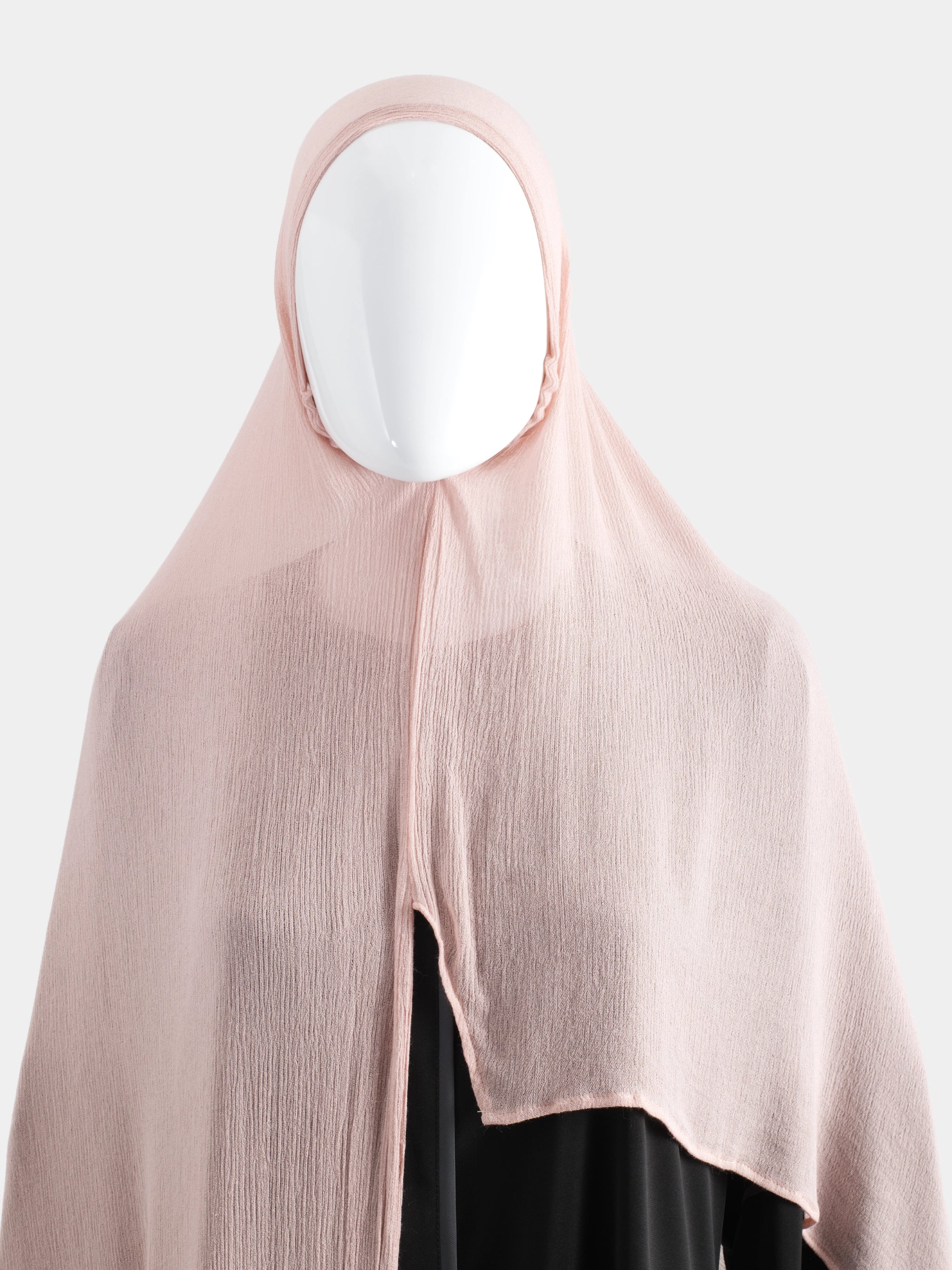 Flat view of the Rose Instant Modal Cotton Hijab on a mannequin showing the pre-stitched front construction and textured knit.