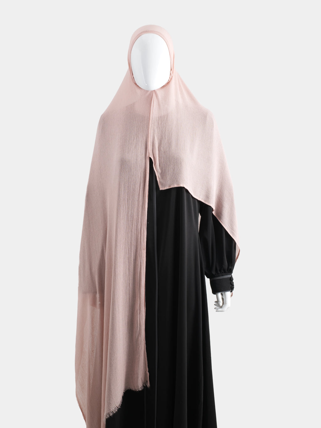 Full-length view of the Rose Instant Hijab over a black abaya, showing 100% opaque coverage and the flow of the modal fabric.