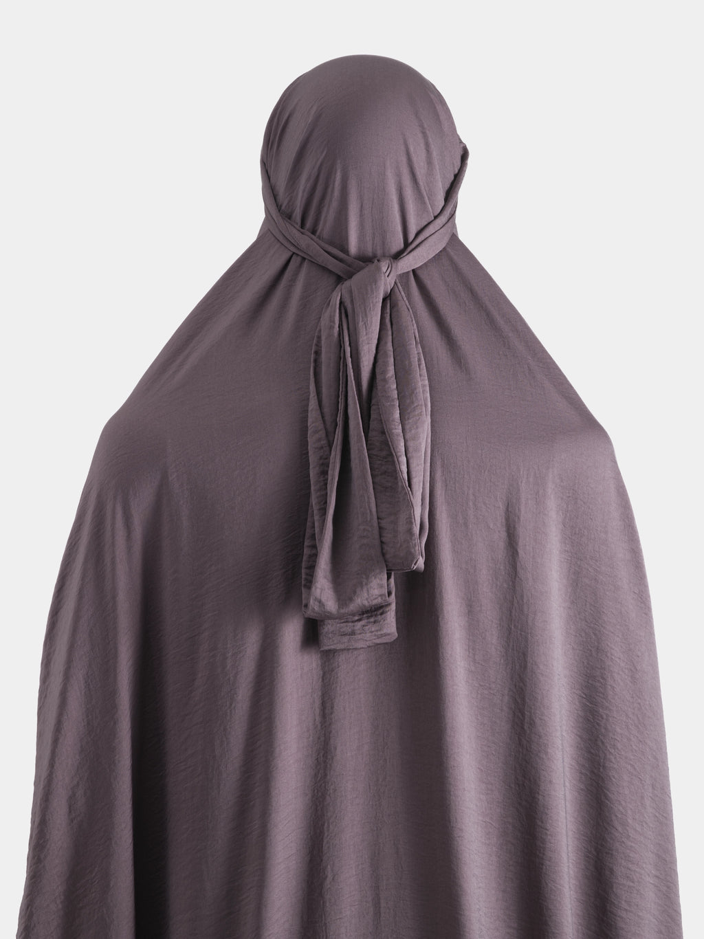 Purple jilbab with a tie-back on a white background