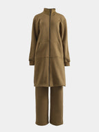 Taupe cotton fleece lounge set with longline zip‑front top and wide‑leg pants, front view