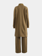 Taupe cotton fleece lounge set, back view showing top length and pant fit