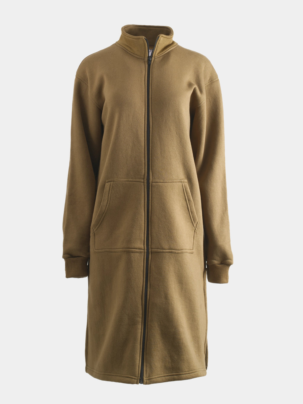 Taupe cotton fleece longline zip‑front top, front view with patch pockets