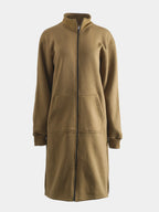 Taupe cotton fleece longline zip‑front top, front view with patch pockets