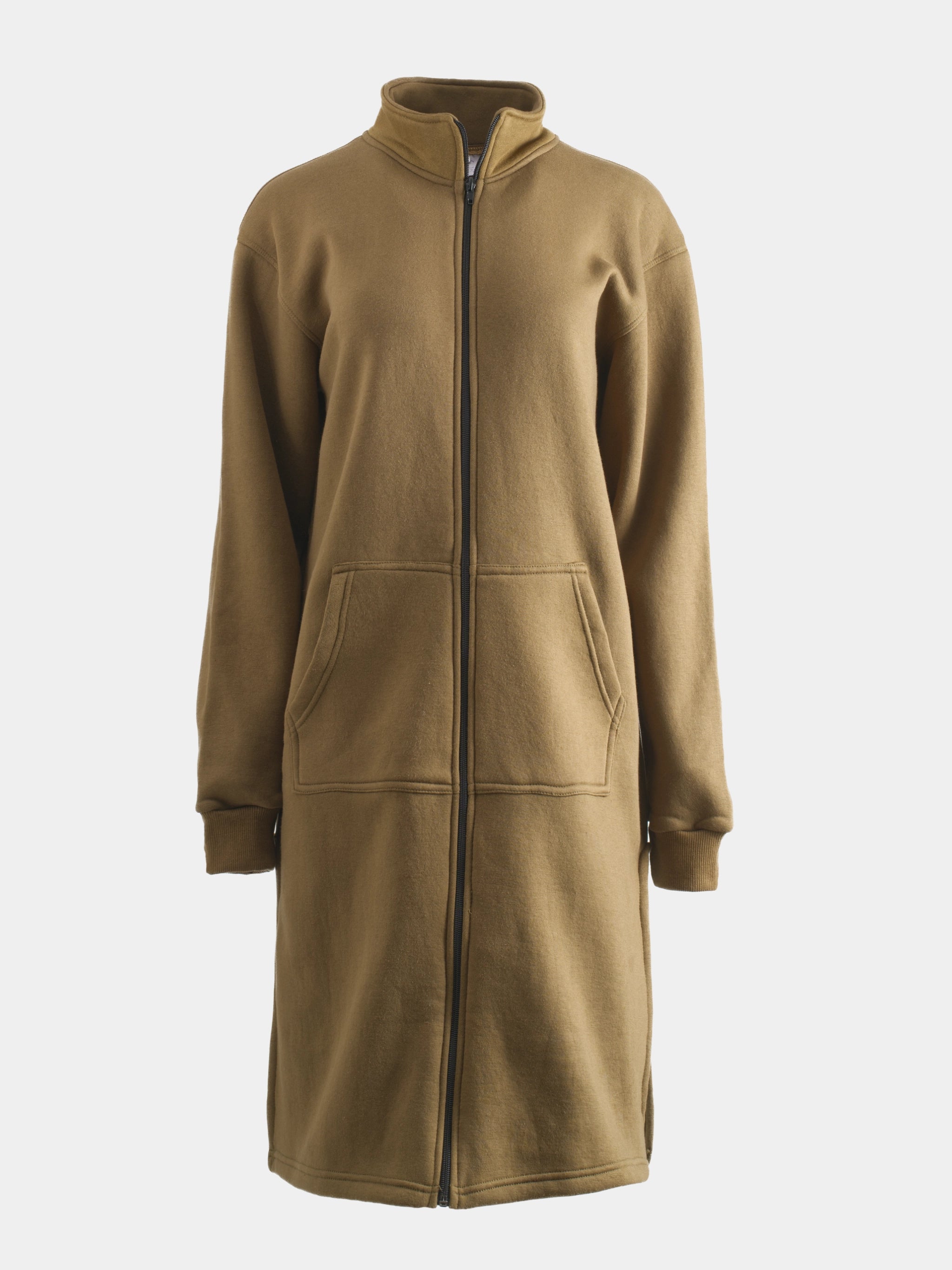 Taupe cotton fleece longline zip‑front top, front view with patch pockets