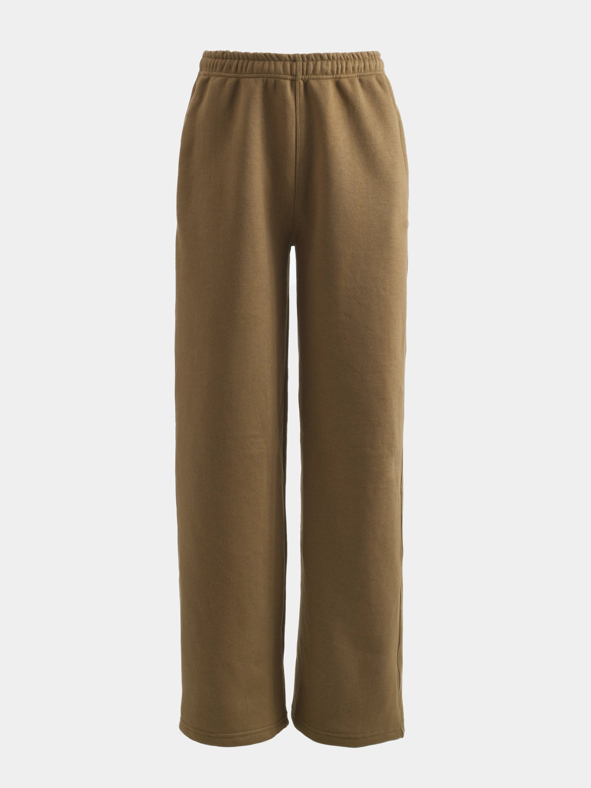 Taupe cotton fleece lounge pants, front view with elastic waist