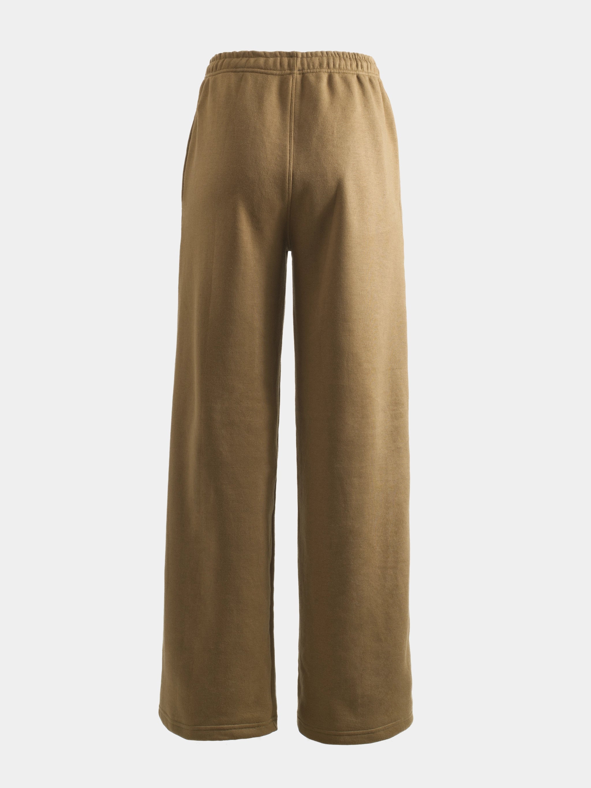 Taupe cotton fleece lounge pants, back view with wide legs