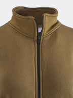 Close‑up of taupe cotton fleece high collar and front zipper
